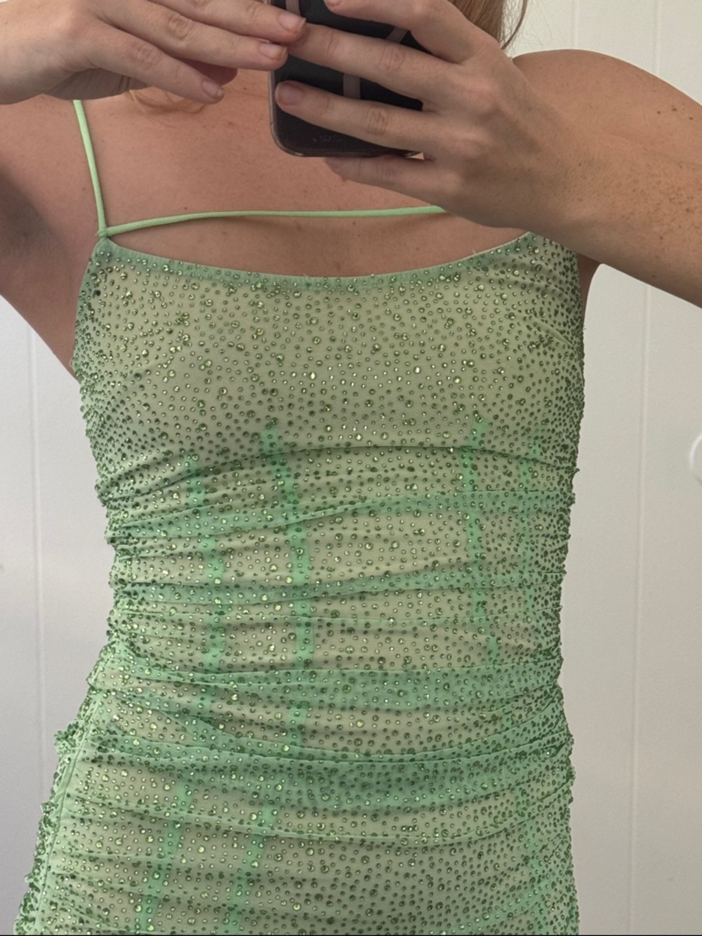 Sparkly Lime Green Ruched Mini Dress - Picture 2 of 5